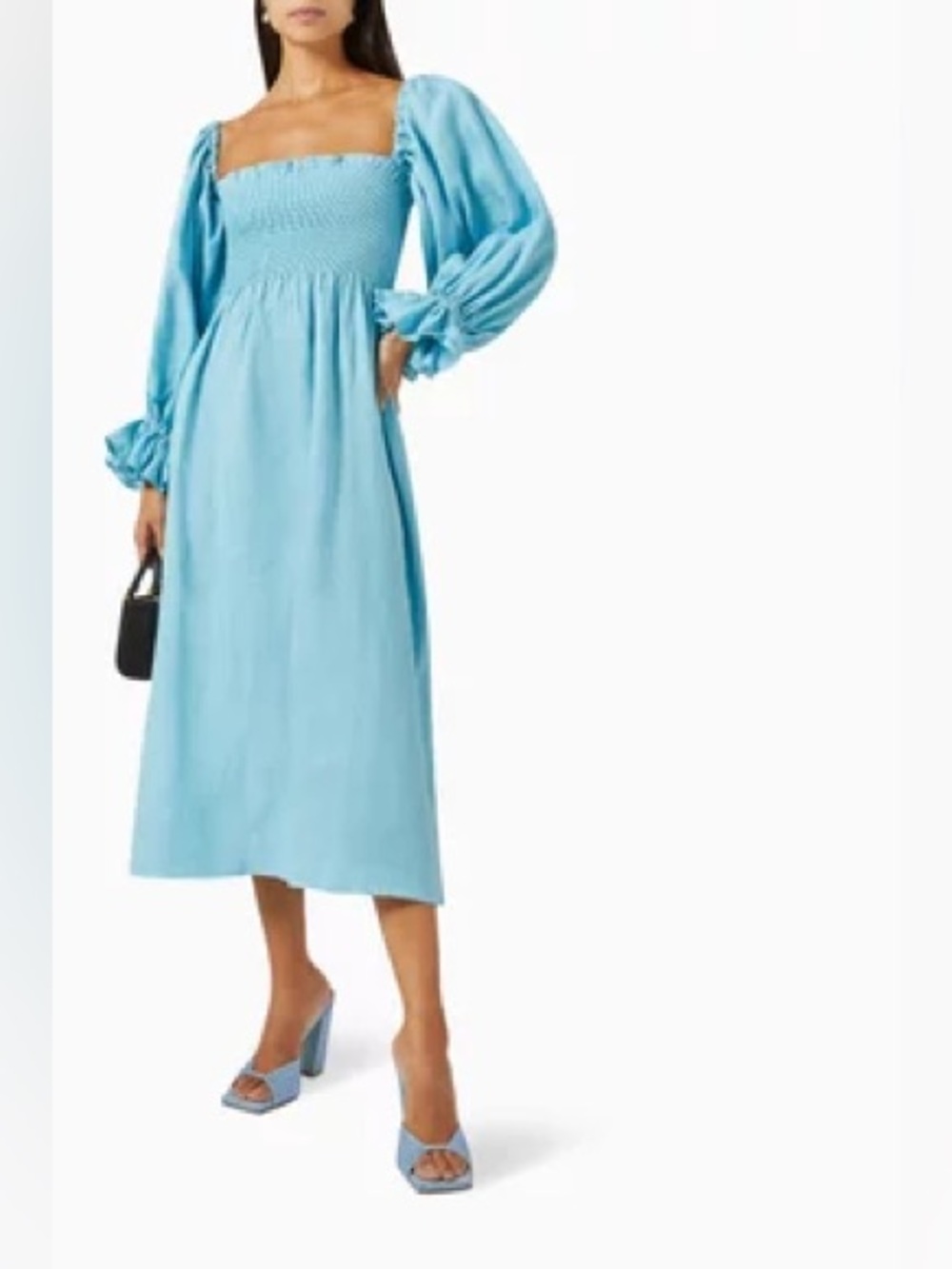 SLEEPER /Atlanta Light Blue Smocked Linen Midi Dress Puff Sleeves - Sz L - NWT